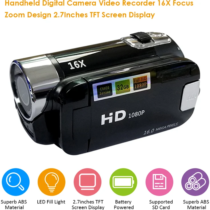 Andoer Digitalkamera Videorecorder 16X F-ocus Zoom, 2,7 Zoll TFT-Bildschirm, 1080P HD, Schwarz, SD-Kartenunterstützung, Akku betrieben