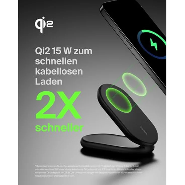 Belkin BoostCharge magnetisches einklappbares kabelloses Ladegerät Qi2, 15 W, MagSafe-kompatibles Schnellladegerät, geeignet für iPhone-Serie 16, 15, 14, 13, 12 und Standy-Modus, Netzteil – Schwarz – Bild 3