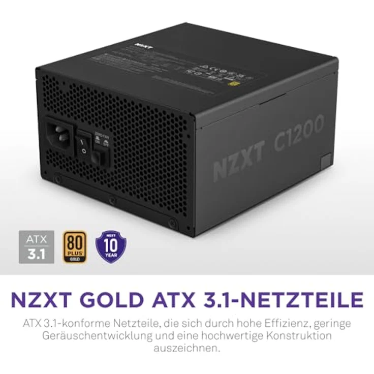 NZXT C1200 Gold ATX 3.1 - Vollständig modulares, geräuscharmes PC-Gaming-Netzteil - 1200 Watt - 80 PLUS Gold - 12V-2x6-Anschluss - Zero Fan-Modus - 100 % japanische Kondensatoren - Schwarz – Bild 2