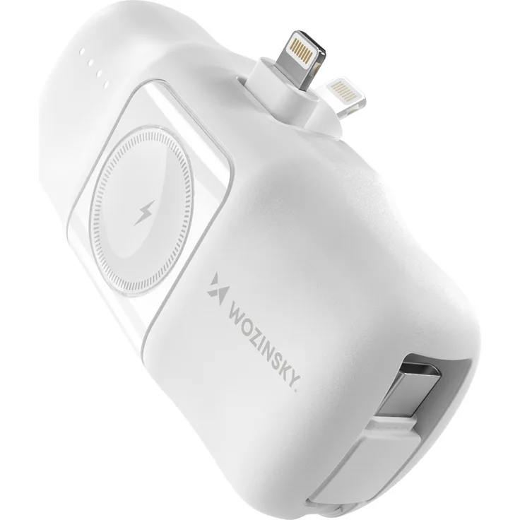 Wozinsky WF16-YLS, 5000 mAh 15 W Mini-Powerbank mit integriertem USB-C-Kabel und Apple Watch Ladegerät, Weiß