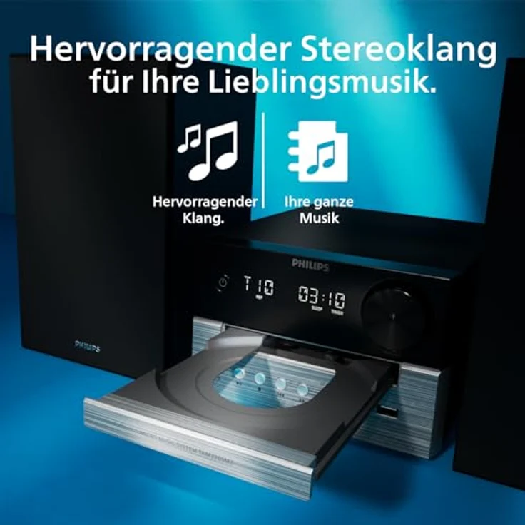 Philips TAM3205M2/12 Micro-HiFi-Anlage, 20 W RMS, Bluetooth 5.4, CD-Player, Schwarz/Silber – Bild 3