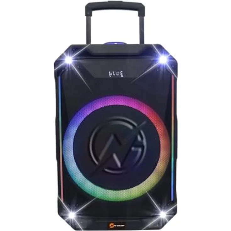N-Gear The Flash 1240, Bluetooth Lautsprecher mit 500 Watt, 12-Zoll-Woofer, 6 Stunden Akkulaufzeit, LED-Lichtshow und Karaoke-Mikrofon