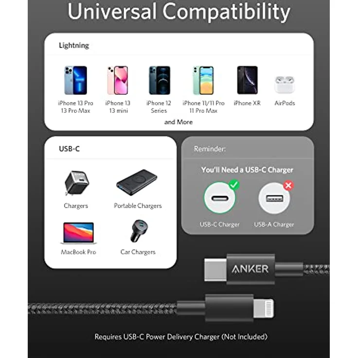 Anker 331 USB-C to Lightning Cable (Nylon), 3 m, schwarz (A8624011) – Bild 3