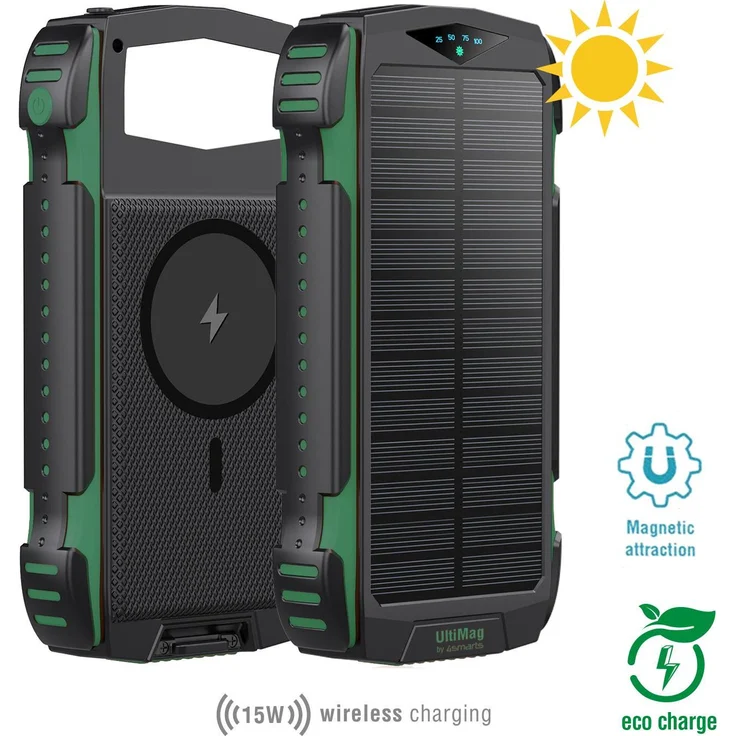 4smarts TitanPack UltiMag, Powerbank mit 20000 mAh, 20 W, 74 Wh, Grün, mit Solarpanel und mehreren Ladeoptionen