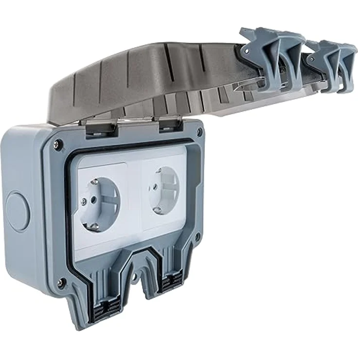 SCHWAIGER SOAD0200 Außensteckdose Aufputz Outdoor Steckdose 2fach IP66 Wetterschutzabdeckung Winkelstecker UV-beständig witterungsfest Gartensteckdose, Abschließbar, in Weiß – Bild 4