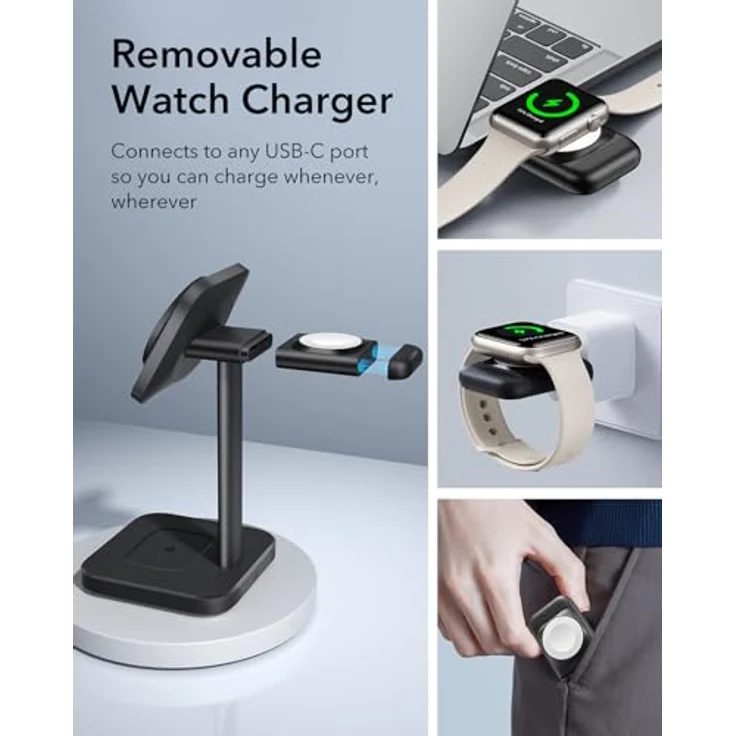 ESR 3 in 1 Ladestation für MagSafe Apple Watch und iPhone, Schwarz - Magnetisches Kabelloses Ladegerät Schnellladen für iPhone 15/14/13/12, Apple Watch 8/7/6/5/4/3/2/SE und AirPods Pro/3/2 – Bild 5
