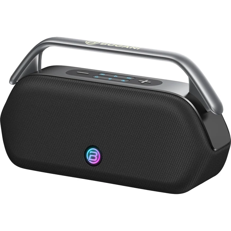 Bugani Boost Max, Portabler Bluetooth-Lautsprecher mit 16 h Akkulaufzeit, Bluetooth 5.3 und RGB-Lichteffekten, Schwarz