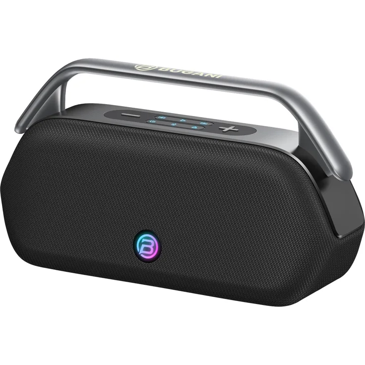 Bugani Boost Max, Portabler Bluetooth-Lautsprecher mit 16 h Akkulaufzeit, Bluetooth 5.3 und RGB-Lichteffekten, Schwarz