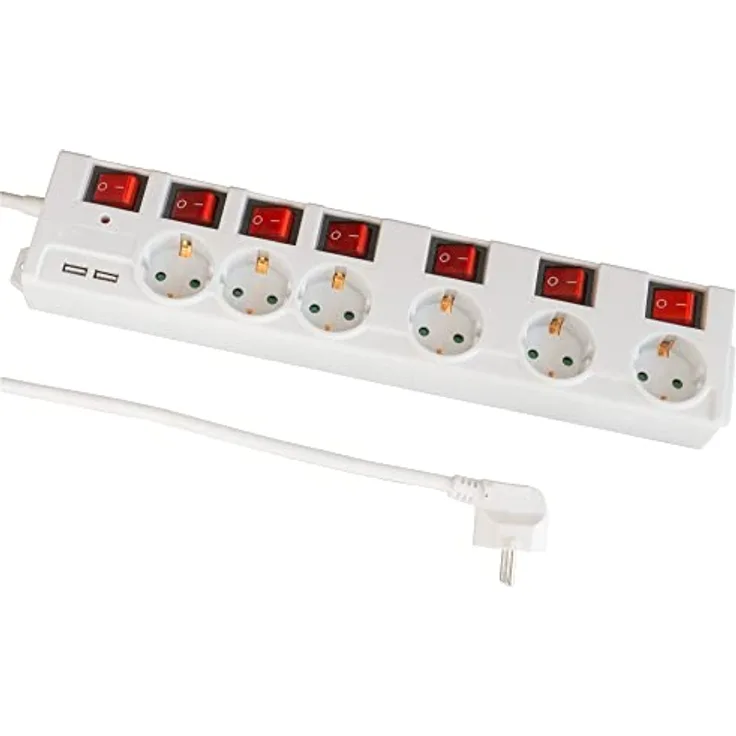 FeinTech Steckdosenleiste einzeln schaltbar mit USB, 6-Fach Mehrfachsteckdosenleiste mit Überspannungsschutz und 3 Steckdosen mit extra breitem Abstand, MD000652