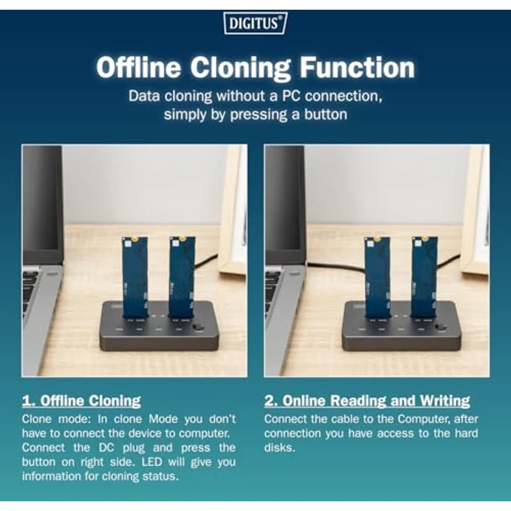 Digitus DA-71545-1, NVMe Klonstation USB3.1 Gen2 Typ-C für 2 M.2 SSDs bis 4 TB, Festplattengehäuse, Schwarz – Bild 3