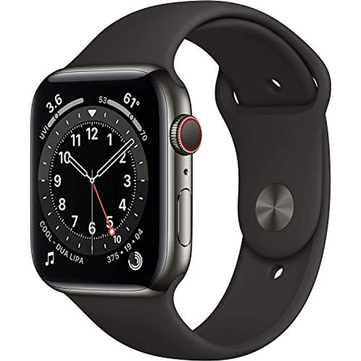 Apple Watch Series 6 (GPS + Zellular, 44MM) Edelstahlgehäuse Graphit, Schwarz Sportarmband, Blutsauerstoffmessung, EKG-App, Always On Retina-Display