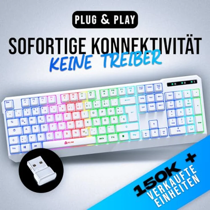 KLIM Chroma Wireless Gaming Tastatur - Kabellos QWERTZ DEUTSCH - NEU 2024 - Langlebig, Ergonomisch, Wasserdicht, Leise - RGB - Weiß – Bild 2