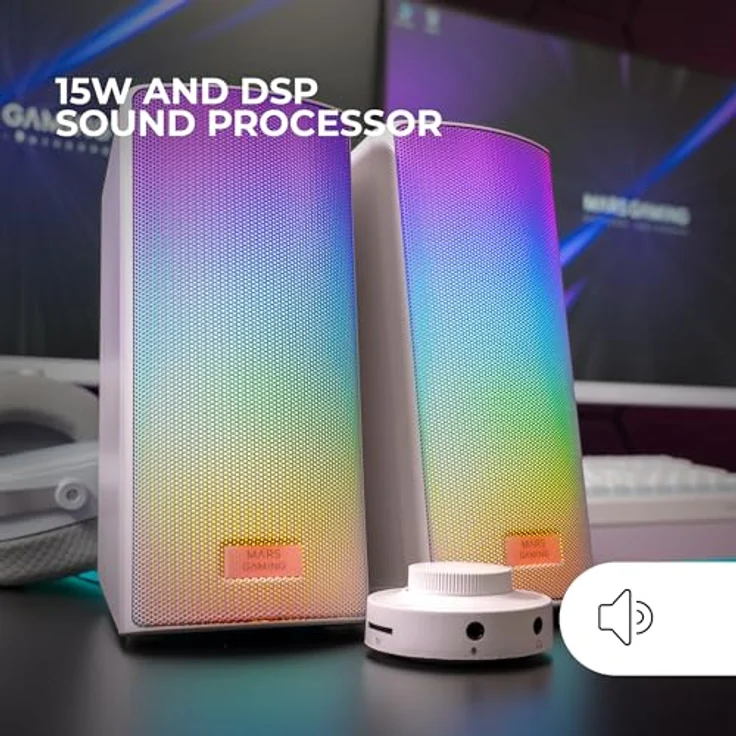 Mars Gaming MSRGB2, Bluetooth 5.3 Lautsprecher mit DSP Soundprozessor, 15W Leistung, dynamischer RGB-Beleuchtung, Full Mesh Front, kompakt, weiß, mit 3,5 mm Klinkenanschluss und USB-Anschluss – Bild 2