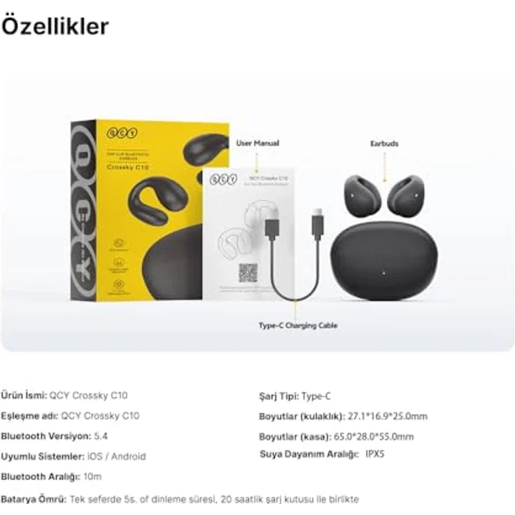QCY Crossky C10, Kabellose Kopfhörer mit 30 Stunden Akkulaufzeit, Weiss, Clip-On-Design, Geräuschunterdrückung – Bild 8