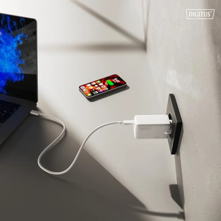 DIGITUS USB-Ladegerät GaN II, 3-Port Schnellladegerät mit 2x USB-C und 1x USB-A, bis zu 67W, geeignet für Laptop, Handy, Tablet, Smartwatch, Kopfhörer, Powerbank, Weiß – Bild 4