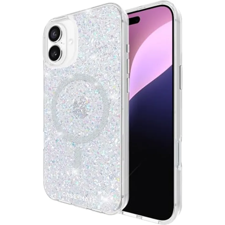 Case-Mate Twinkle Mag-Safe Schutzhülle für Apple iPhone 16 Plus - Glitzer, 3,6 m Fallschutz, Recyceltes Material, Mag-Safe-Ring - Stardust/Silber