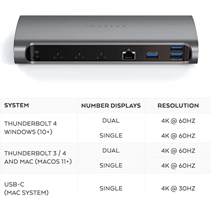 Satechi Thunderbolt 4 Dock – 11-in-1 – Thunderbolt 4 Host Port, 3 Thunderbolt 4 Downstream Ports, 3 USB-A 3.2 Ports, USB-A 2.0 Port, SD-Kartenleser, GbE, Audiobuchse – Kompatibel mit M2 & M1 MacBook – Bild 3