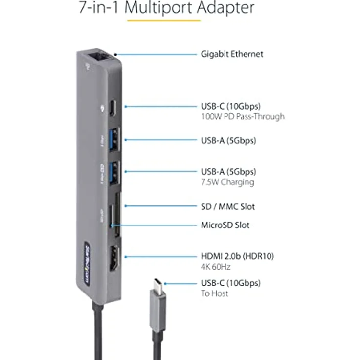 StarTech.com USB-C Multiport Adapter - USB-C auf 4K 60Hz HDMI 2.0, 100W Power Delivery Pass-Through, SD/MicroSD, 2 Port USB 3.0 Hub, GbE - USB-C Mini Dock - 30cm langes Kabel (DKT30CHSDPD1) – Bild 4