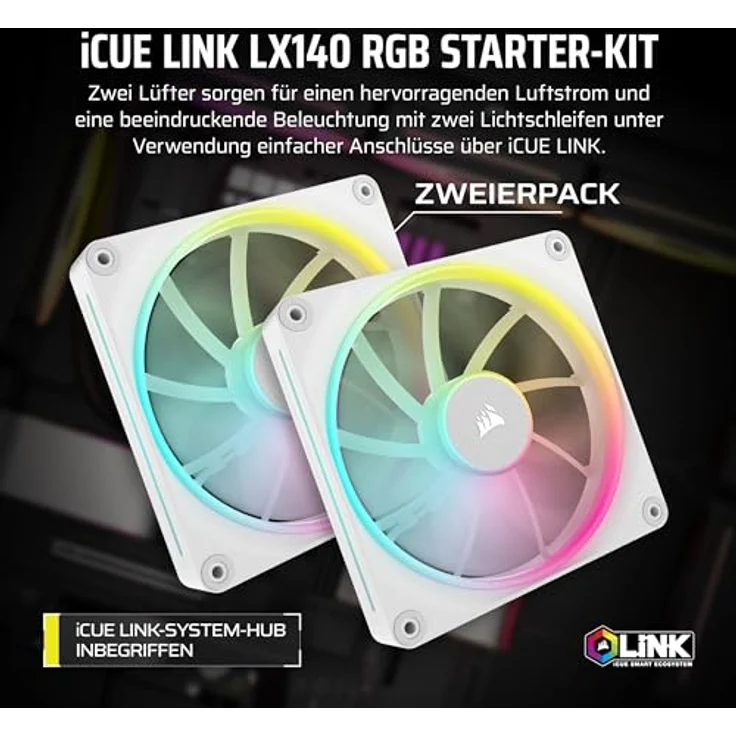 Corsair iCUE LINK LX140 RGB 140mm PWM-Lüfter Doppelpack - Zwei Lichtschleifen - Inklusive iCUE LINK System Hub - AirGuide Technologie - Weiß - Preisvergleich – Bild 2