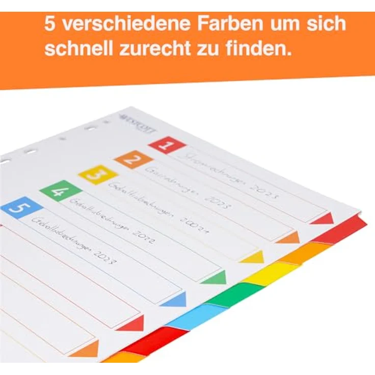 WESTCOTT Aktenordner Register für Ordner Din A4, 10 beschreibbare Tabs, 5 Farben, Robuste 160g/m², Eurolochung – Bild 4