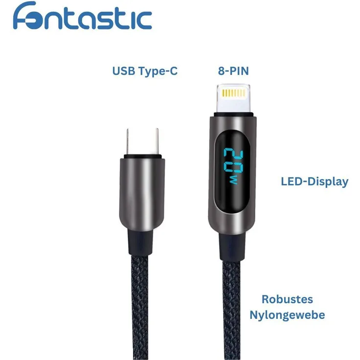 Fontastic Datenkabel mit Digitalanzeige Typ-C > 8 PIN, 1.2m Nylon, 20W, max. 2,22A, Alu-Gehäuse, schwarz