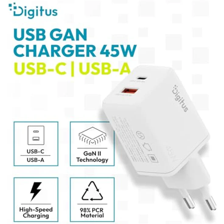 DIGITUS USB-Ladegerät GaN II 45W, 1x USB-C & 1x USB-A, weiß, kompakt – Bild 2