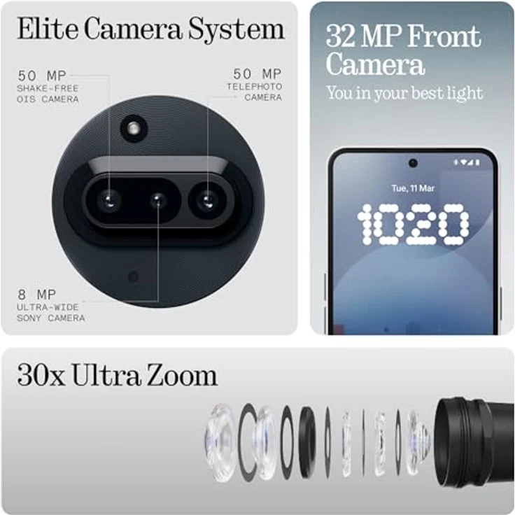 Nothing Phone (3a) 128 GB - Smartphone mit 32-MP-Frontkamera, 30-facher Ultra-Zoom, 50 W Schnellladefunktion und 6,77 Zoll Flexibles FHD+ AMOLED-Display - Schwarz – Bild 5