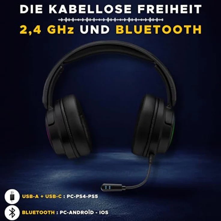 THE G-LAB Korp Iridium Kabelloses Gaming Headset 2,4 GHz & Bluetooth, 50-mm-Lautsprecher, Abnehmbares Mikrofon, 45H Akku, RGB, Kunstleder-Ohrpolster, Kompatibel mit PS5, PS4, PC, Switch, Android, iOS – Bild 4