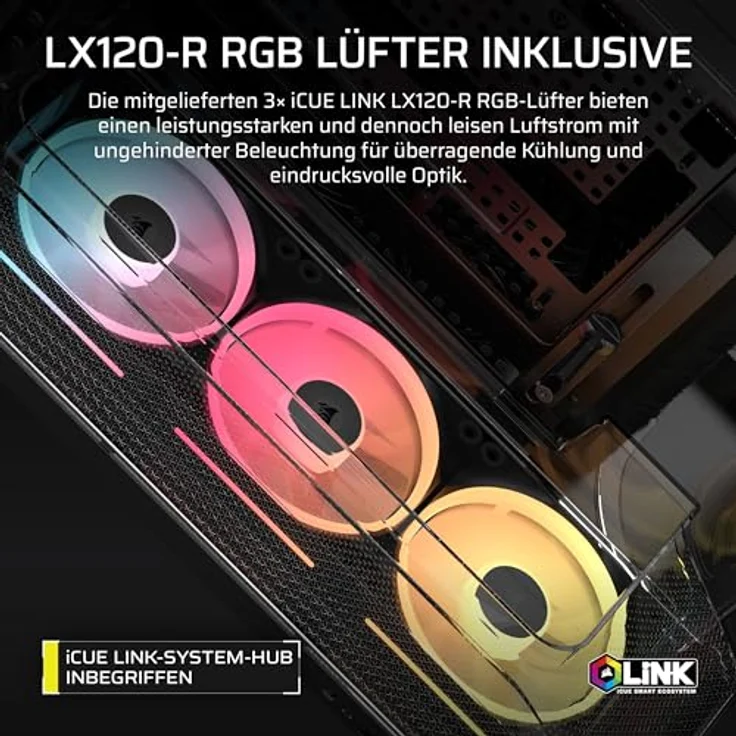 Corsair AIR 5400 LX-R LINK PC-Gehäuse, Mid-Tower mit Tempered Glass, 3x 120-mm RGB-Lüftern, schwarz, optimales Kühlsystem und USB-C Anschluss – Bild 6