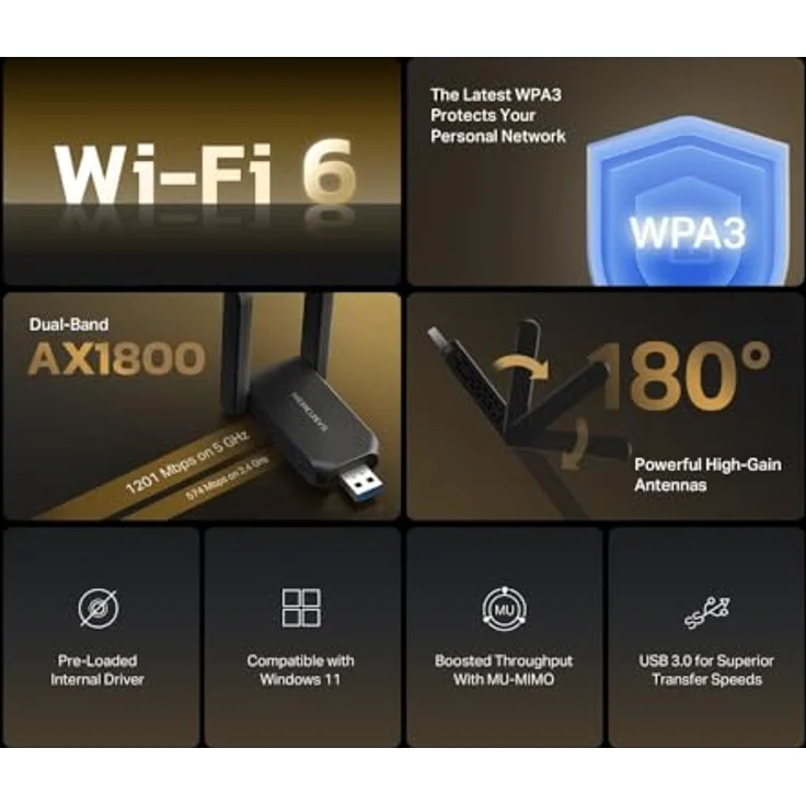 TP-Link Mercusys MA72XH, WLAN-Stick für PC mit Wi-Fi 6 AX1800, Dual-Band, 2 Hochleistungsantennen, USB 3.0, WPA3, MU-MIMO, für Windows 11/10 – Bild 4