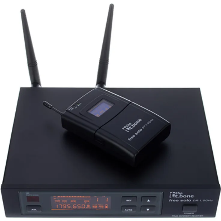 the t.bone free solo PT 1.8 GHz, Funkmikrofonsystem mit Taschensender, 1 Userbank, Frequenzscan, 16 Presets, inkl. Rackmount und Gitarrenkabel