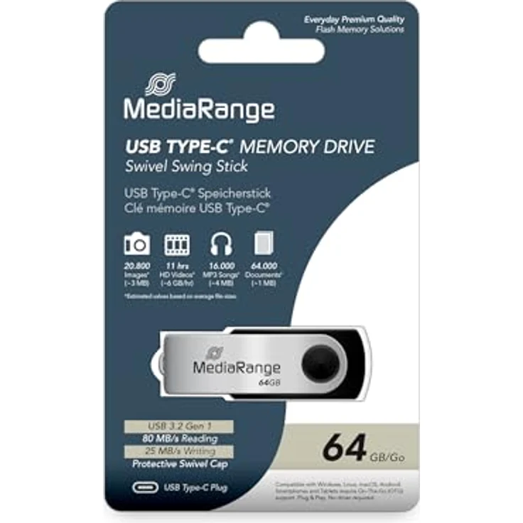 MediaRange USB Type-C® 3.2 Gen 1 Flash-Laufwerk, Drehkappengehäuse, Silber/Schwarz, 64GB - Schnelle Datenübertragung und exzellente Kompatibilität – Bild 2
