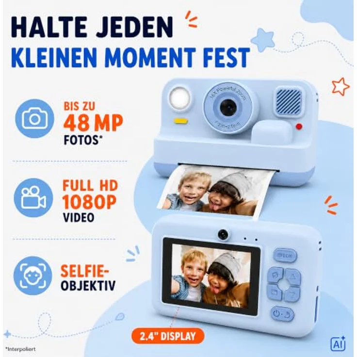 Denver KPC-1374BT Blue Sofortbildkamera, 48 MP mit Thermodruckfunktion und Full HD Videoaufnahme, erweiterbarer Speicher bis 128 GB, für Kinder – Bild 4