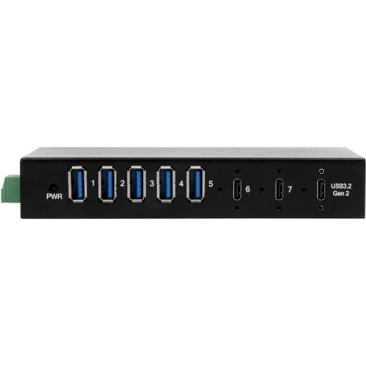 Exsys EX-12297HMS 7 Port USB 3.2 Gen 2x1 Metall HUB mit 2X USB-C und 5X USB-A 3.2 Gen 1 Ports, für Tisch, Wand und DIN-Rail Montage, inkl. Netzteil 12V/5A, in Metallgehäuse