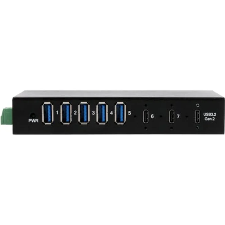 Exsys EX-12297HMS 7 Port USB 3.2 Gen 2x1 Metall HUB mit 2X USB-C und 5X USB-A 3.2 Gen 1 Ports, für Tisch, Wand und DIN-Rail Montage, inkl. Netzteil 12V/5A, in Metallgehäuse