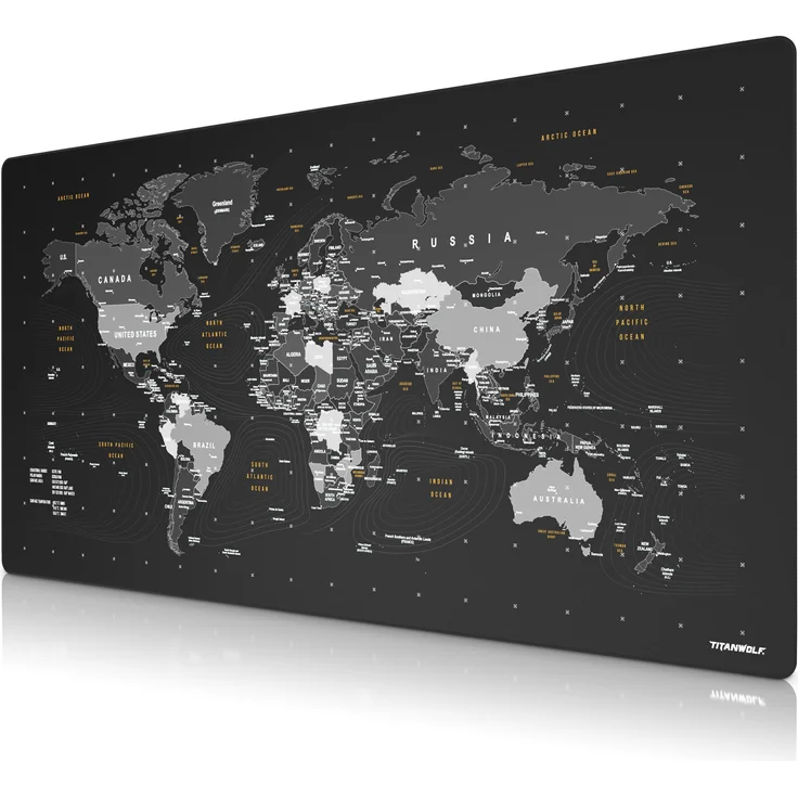 Titanwolf XXXL Gaming Mauspad, Speed Mausmatte mit 1600 x 800mm Fläche, Weltkarte Design, Grau/Schwarz/Weiß