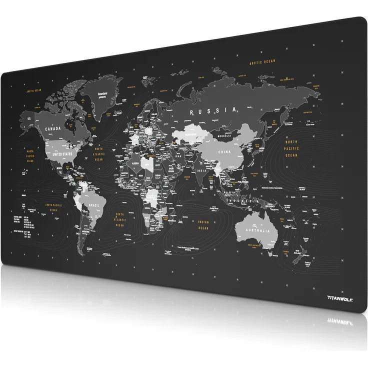Titanwolf XXXL Gaming Mauspad, Speed Mausmatte mit 1600 x 800mm Fläche, Weltkarte Design, Grau/Schwarz/Weiß