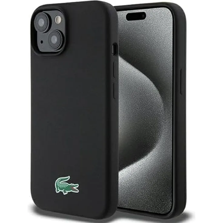 Lacoste Schutzhülle für Apple iPhone 15, originale Silikon-Hülle, MagSafe-kompatibel, Schwarz