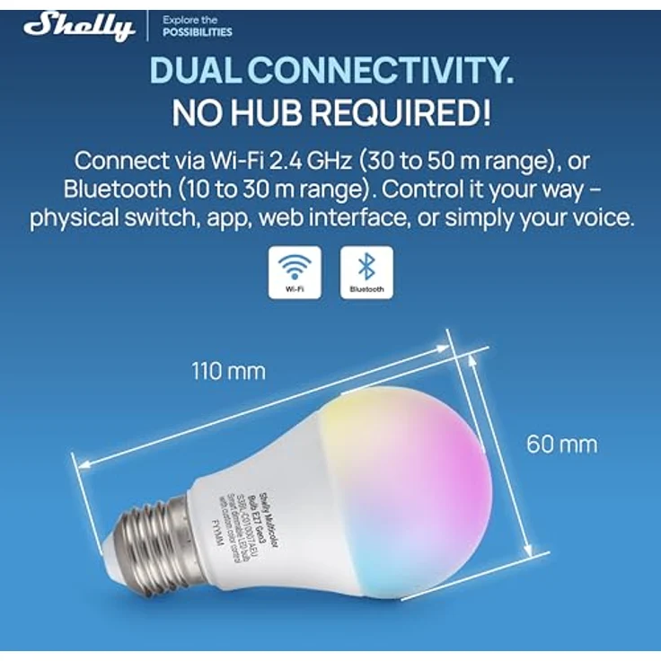 Shelly Multicolor Bulb E27 Gen3, WLAN Smart LED Glühbirne mit RGBW, 9W, 800lm, 16 Millionen Farben, dimmbar, Sicherheitsmodus, Sprachsteuerung, kein Hub erforderlich – Bild 3
