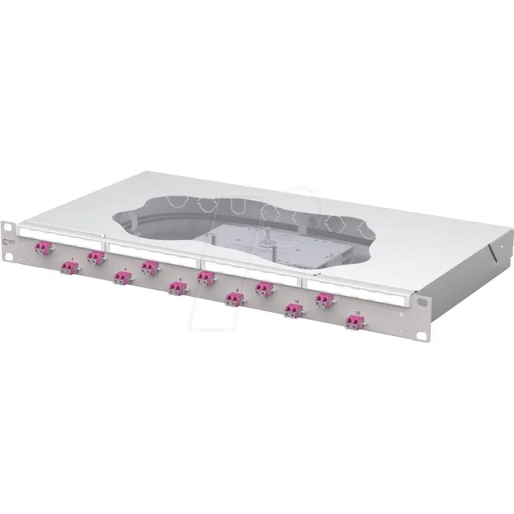 Metz Connect OpDAT fix2 Patchfeld splice 12xLC-D OM4, 19 Zoll 1HE Patch-Panel, Lichtgrau, mit 24xLC-D OM4 Pigtails und beschriftbarem Feld
