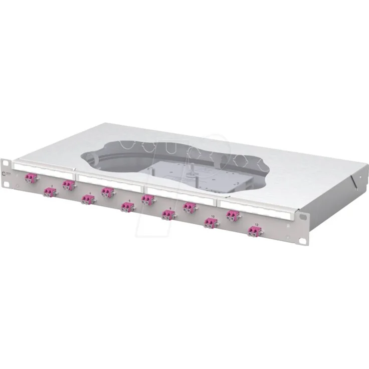 Metz Connect OpDAT fix2 Patchfeld splice 12xLC-D OM4, 19 Zoll 1HE Patch-Panel, Lichtgrau, mit 24xLC-D OM4 Pigtails und beschriftbarem Feld