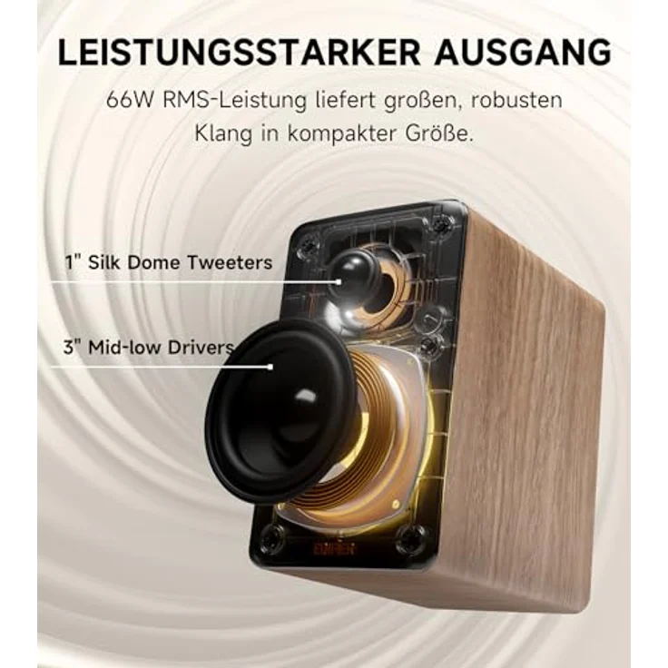 Edifier M60 Multimedia-Lautsprecher Bluetooth 5.3, 66W RMS, Hi-Res Audio & Hi-Res Wireless Audio, LDAC, 3" Mittelbass & 1" Hochtöner, USB-C & Aux-Eingänge, Kompakter Desktop Lautsprecher - Klasse Oak – Bild 3