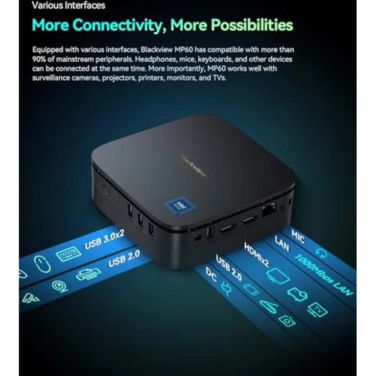 blackview MP60 Mini PC, Intel® Celeron® N5095, 16GB RAM, 512GB SSD, Windows 11 Pro, Wi-Fi 6, ultra-kompakt, VESA-Mount, Dual HDMI, erweiterbar bis 2TB – Bild 9