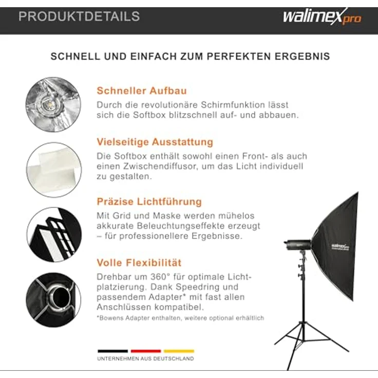 Walimex pro Studio Softbox 80x120cm, 360° drehbar, Schirmfunktion, inkl. Grid, Masken, Bowens Adapter, Transporttasche - ideal für Produkt- und Peoplefotografie – Bild 3