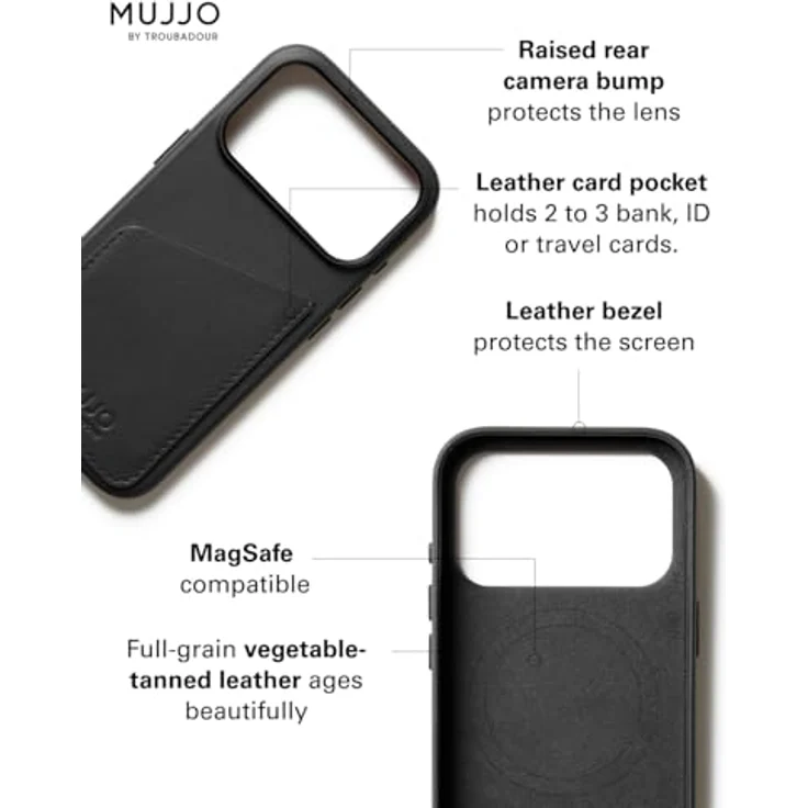 Mujjo Wallet Leather Case für iPhone 17 Pro - Velore-Leder, MagSafe-kompatibel, Kartenfach für 2-3 Karten, schwarz – Bild 3