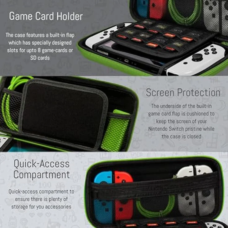 Orzly Tragetasche für Nintendo Switch und New Switch OLED - Grüne, harte Reisetasche mit Fächern für Zubehör und Spiele – Bild 3