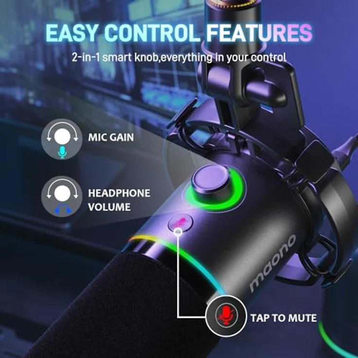 MAONO PD200X, XLR/USB Podcast Mikrofon mit RGB-Beleuchtung, dynamischer Kapsel, TIPP-zu-Stummschaltung und Kopfhöreranschluss, Metall, für Streaming und Voice-Over – Bild 5