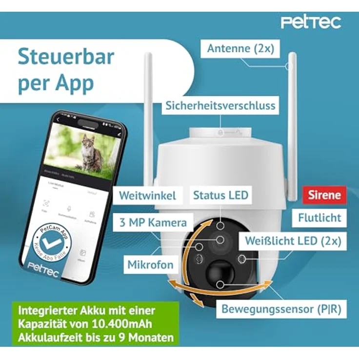 PETTEC PetCam Free'n 360 4G LTE Überwachungskamera - Outdoorkamera 3MP Ultravision, Bewegungserkennung, 20m Nachtsicht IP65 Flutlicht Sirene, Akku & Pan&Tilt Funktion – Bild 3