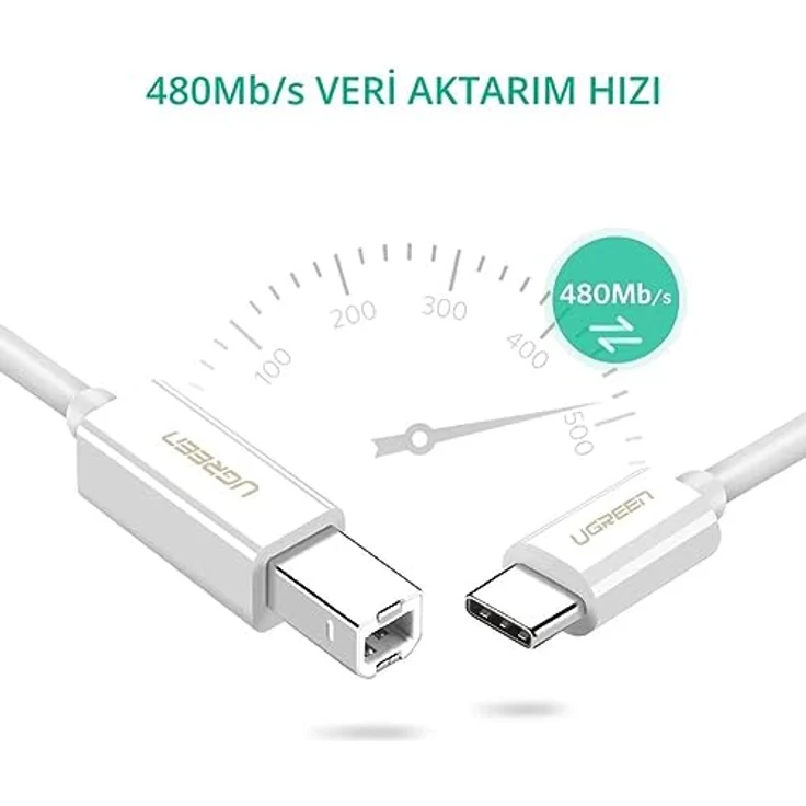 UGREEN Type-C USB B BB-Brenner Kabel, 1.5 Meter, 480Mbps Datenübertragungsrate, weiß – Bild 3