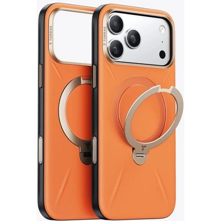 Torras Ostand Q3 VegSkin, Handyhülle aus veganem Leder in Orange mit 360° drehbarem Aufsteller, MagSafe-Kompatibilität und Fallschutz bis 2,4 m für iPhone 18 Pro Max